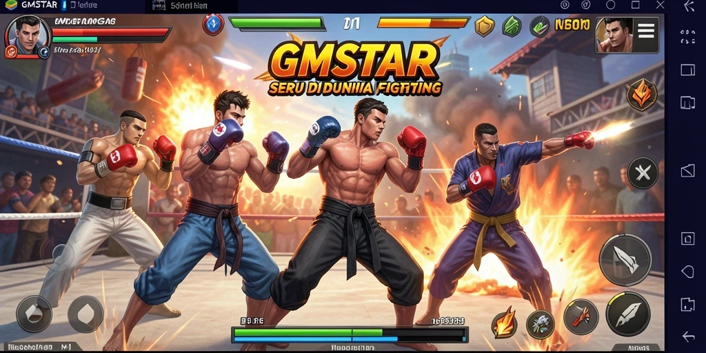 Screenshot utama GMSTAR menampilkan pertandingan Fighting yang intens dan penuh aksi.